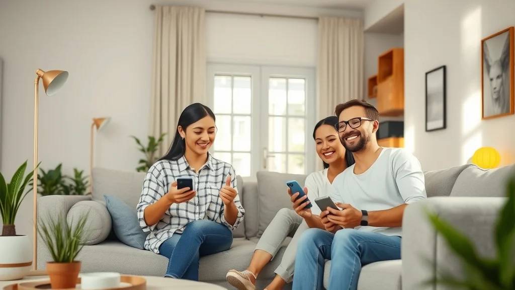 modern smart home system compatibility—household interacting with smart devices in a tidy living room, natural daylight