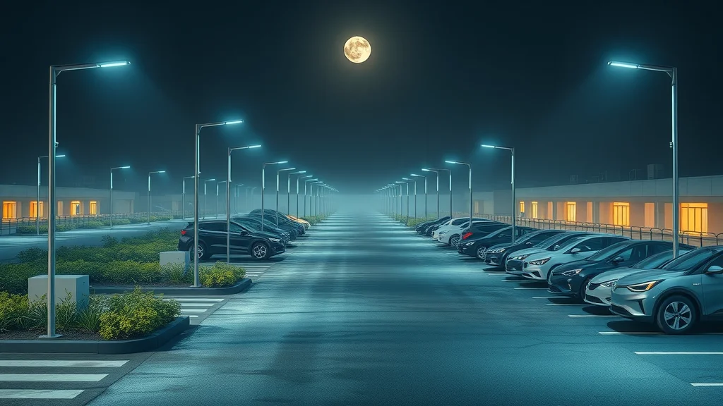 Wide parking lot in Eustis illuminated by sleek solar street lights, eco-friendly with greenery and parked EV cars, calm and secure blue-green night tones.