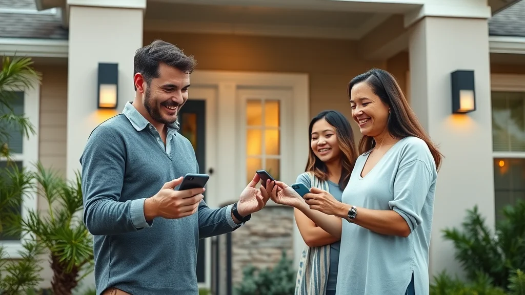 Modern smart home exterior with family demonstrating Eustis home automation solutions and visible security camera, in a suburban Eustis FL neighborhood under bright daylight.