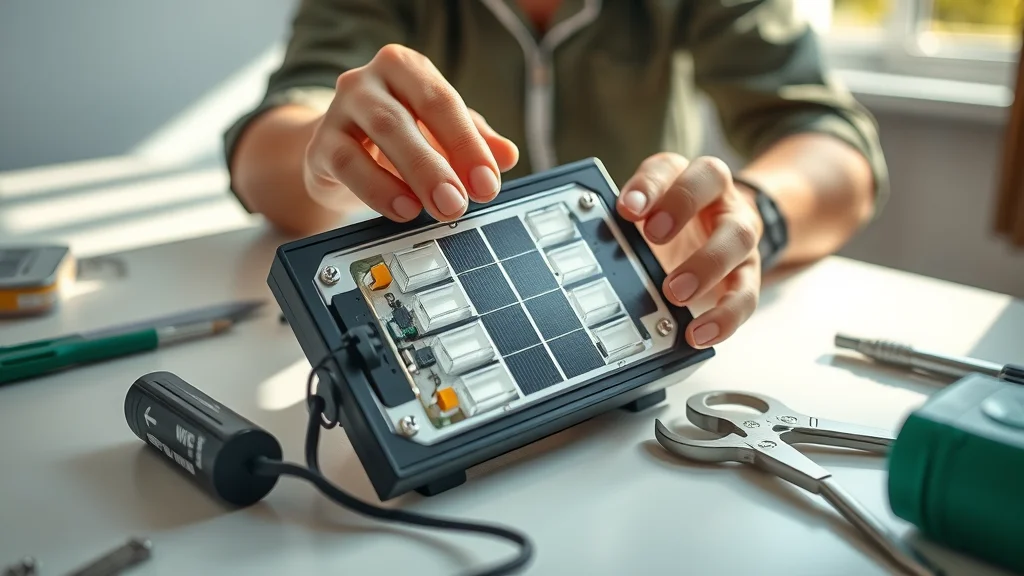 Technical close-up of a solar battery component for Eustis solar lights, showing detailed, thoughtful hands examining the module under bright light on a white tabletop with tool kit.