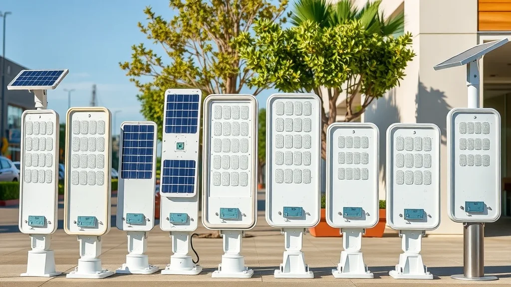 Variety of solar street lights lined up outdoors for comparison in Eustis, different designs and solar panel setups under clear midday sun.