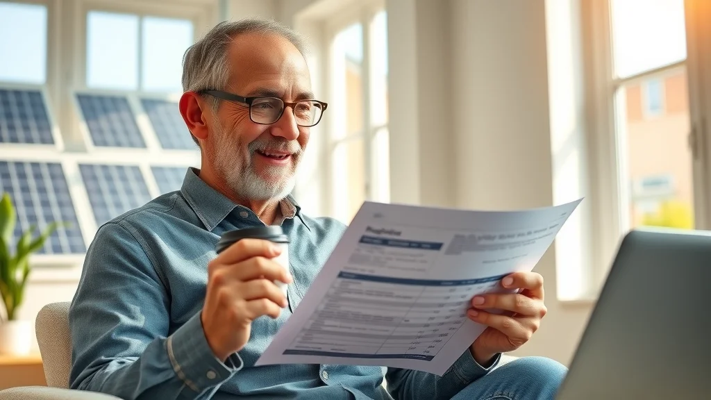 Homeowner reviewing solar panel cost and tax credit documents, satisfied expression, papers, laptop, coffee, modern home office, sunlight, solar panels visible, detailed paperwork, digital tablet, soft textures, daylight indoor lighting.