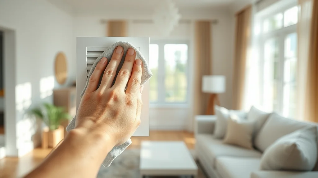 hvac vent maintenance: A homeowner wipes a clean, modern HVAC vent cover with a microfiber cloth in a sunlit living room, maintaining clean air and energy efficiency.