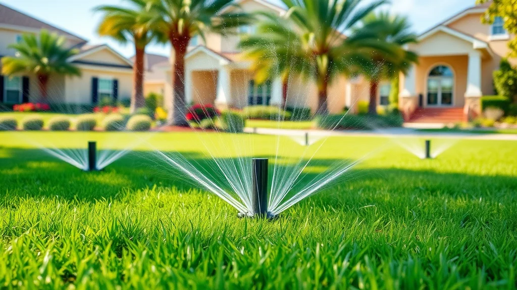 Lawn sprinkler services Eustis - photo of vibrant residential lawns with sprinkler heads and active water spray arcs, lush green grass, in a photorealistic sunlit suburban neighborhood