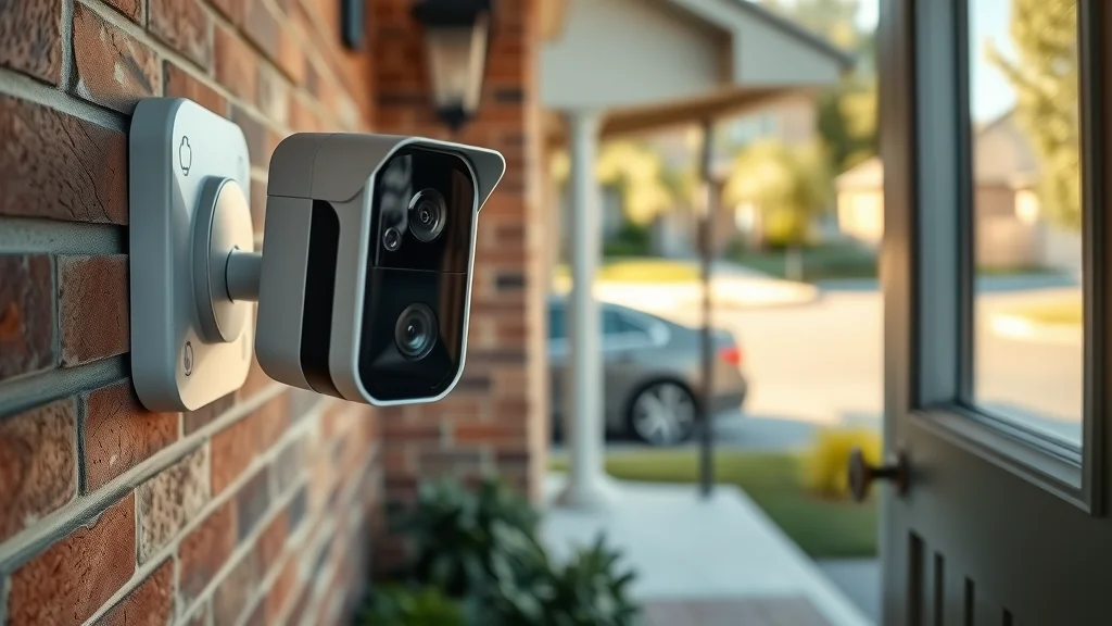 Close-up of advanced security camera system and doorbell camera on Eustis entryway, sunlit porch with vigilant technology.