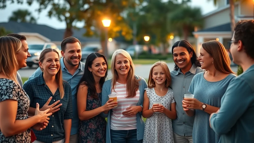 Friendly Eustis neighborhood gathering under new solar street lights, people smiling, families and children, lit by warm evening light.