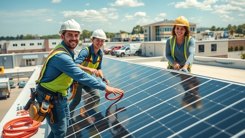 Commercial solar installation team working on a rooftop, commercial solar panels eustis