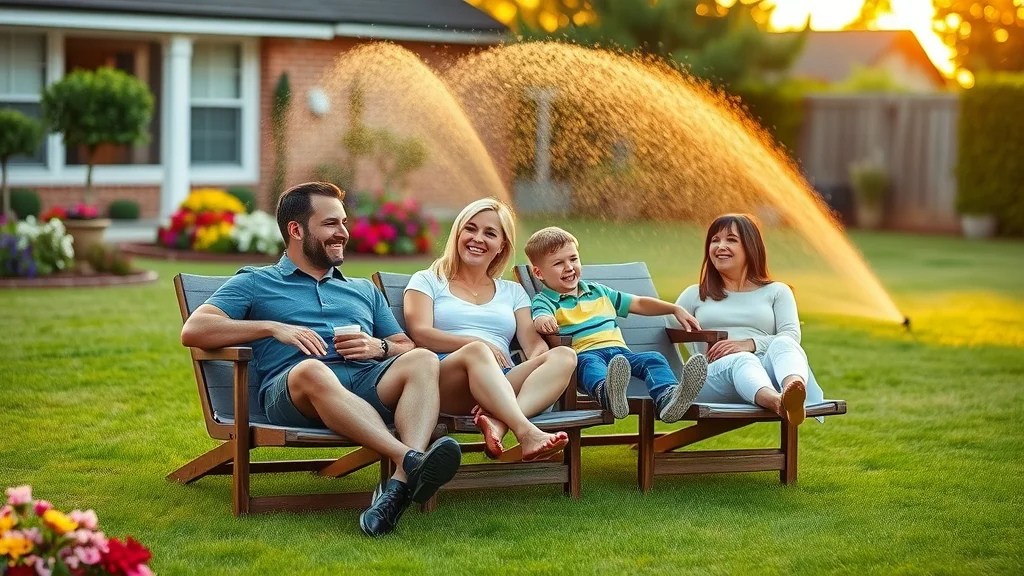 Happy Eustis family enjoying a lush lawn with an efficient sprinkler system, installed by the best sprinkler installers Eustis, flower borders and evening sun in the backyard