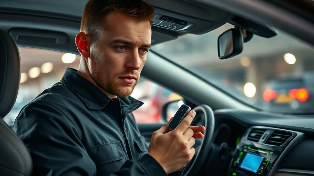 Professional locksmith programming smart car key fob in Eustis, photorealistic image with technician using diagnostic device in a car interior