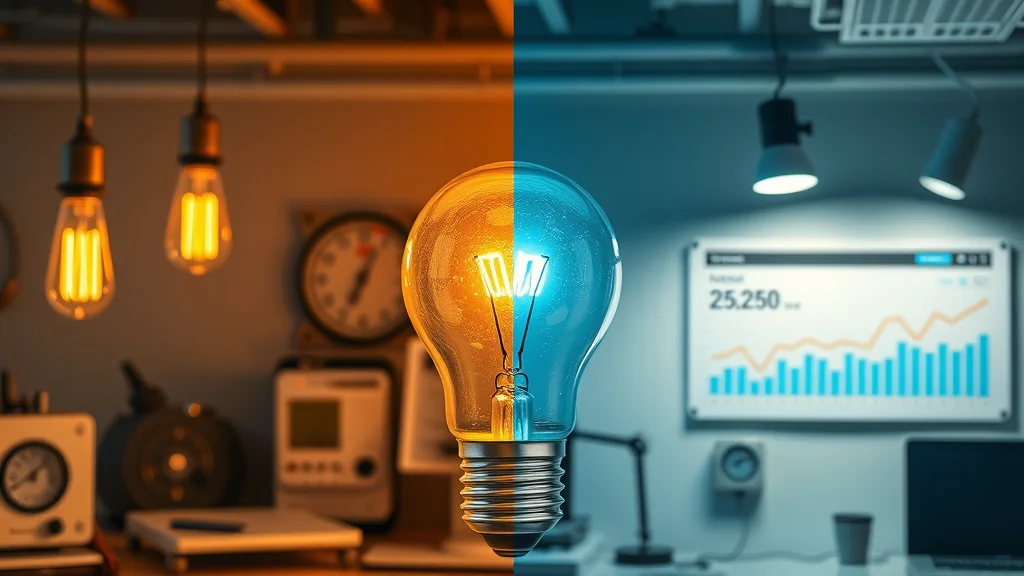 Split scene of traditional incandescent bulbs vs modern LED and solar-powered lights, showing energy metering and renewable energy lighting system efficiency.