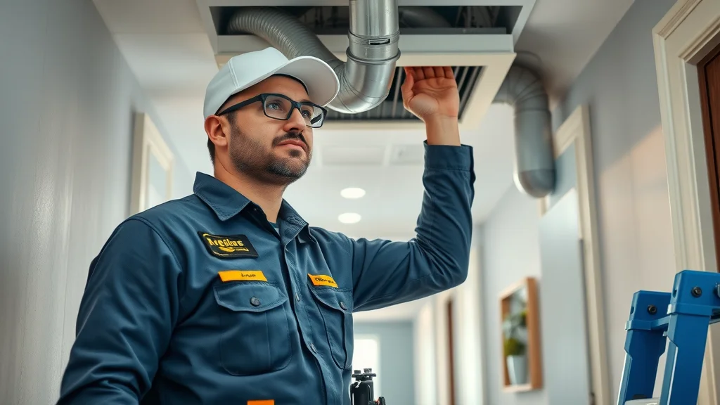 Professional hvac vent maintenance: An HVAC pro with specialized equipment services a ceiling vent for efficient air duct cleaning in a modern home.