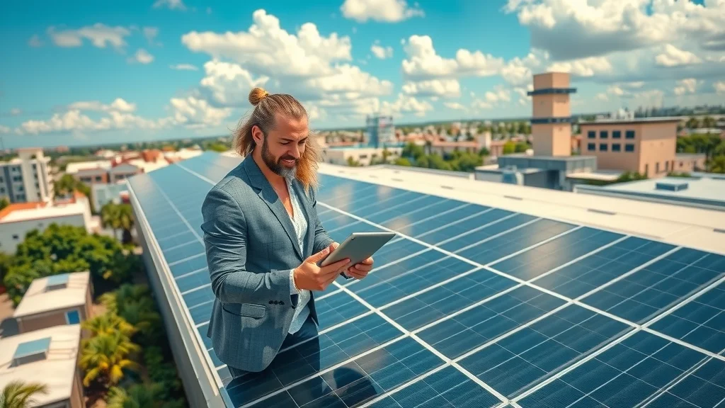 Vibrant aerial view of a commercial rooftop with sleek solar panels, business professionals viewing energy analytics, commercial solar panels eustis
