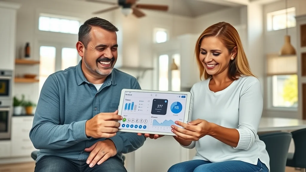Happy Eustis homeowners reviewing home security system dashboard on tablet, smart devices in high-tech Florida kitchen.