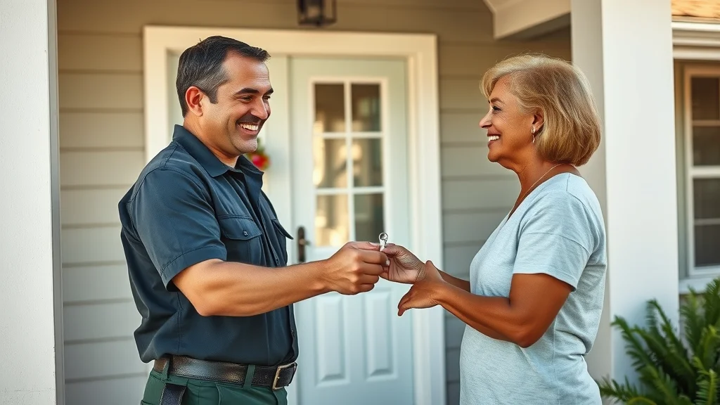 Residential locksmith Eustis FL assisting a homeowner at their front door, handing new keys to smiling resident, photorealistic scene in a sunny suburban Eustis FL neighborhood