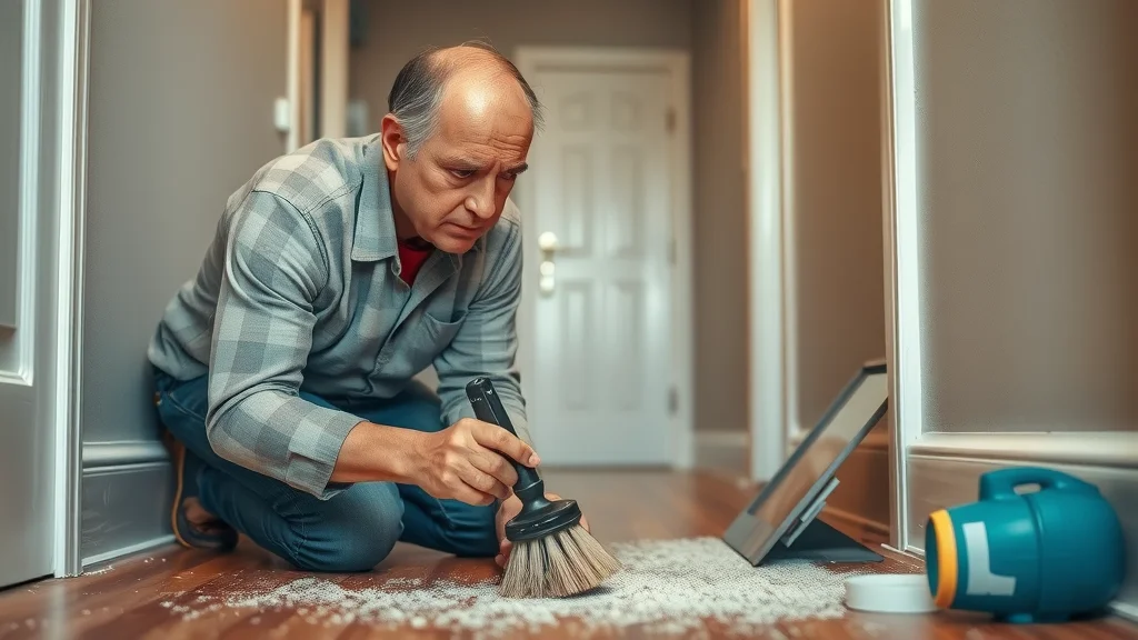 Homeowner attempting DIY air duct cleaning with basic tools next to vent, highlighting limitations compared to professional duct cleaners