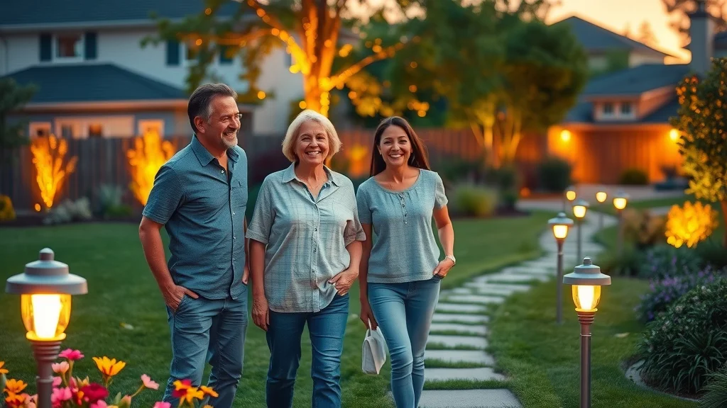solar lighting installation in a vibrant suburban backyard at dusk with homeowners admiring solar lights illuminating a pathway and blooming garden