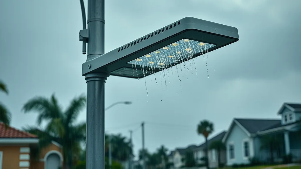 Close-up of durable solar street light in heavy Florida rain, water beading effect, robust build, vivid weather textures.