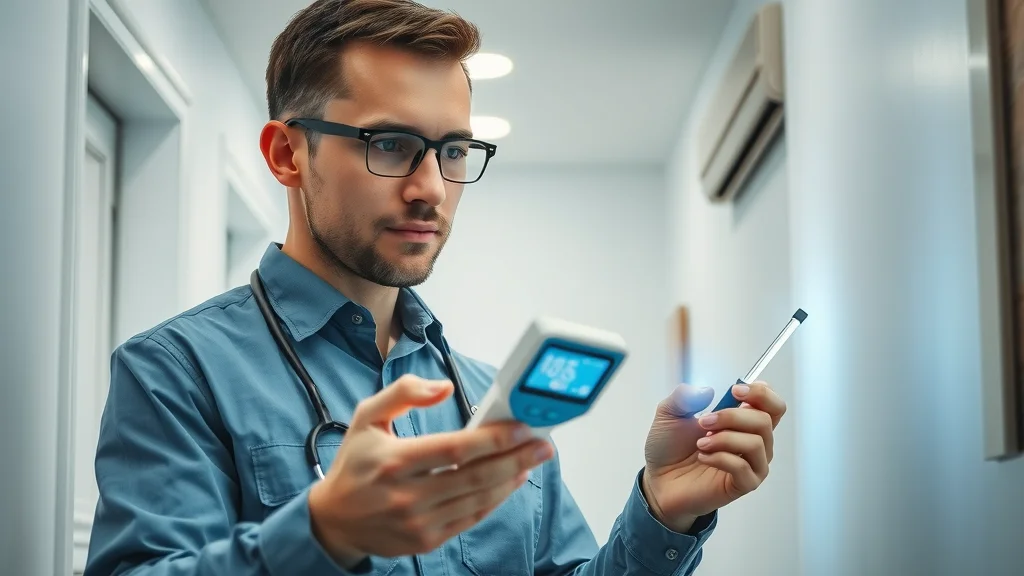 Professional air quality tester using digital device near vent — indoor air quality assessment in residential home