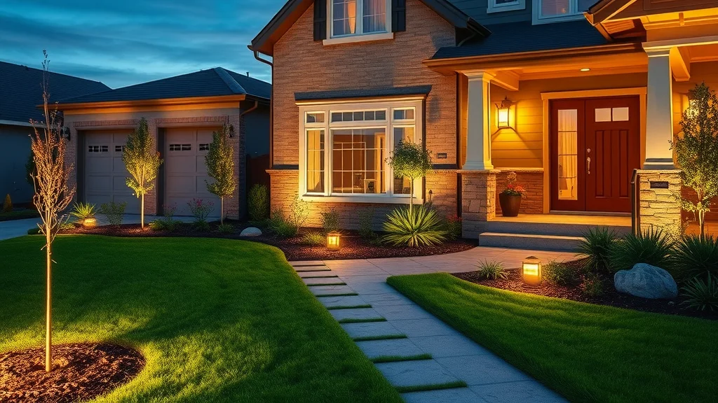 Beautifully illuminated Eustis front yard, modern outdoor lighting, garden beds and porch highlighted by warm LED, peaceful evening setting