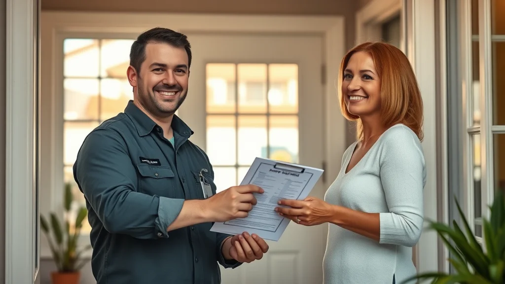 Friendly technician and homeowner shaking hands after an air duct cleaning service and satisfaction guarantee, professional and relaxed