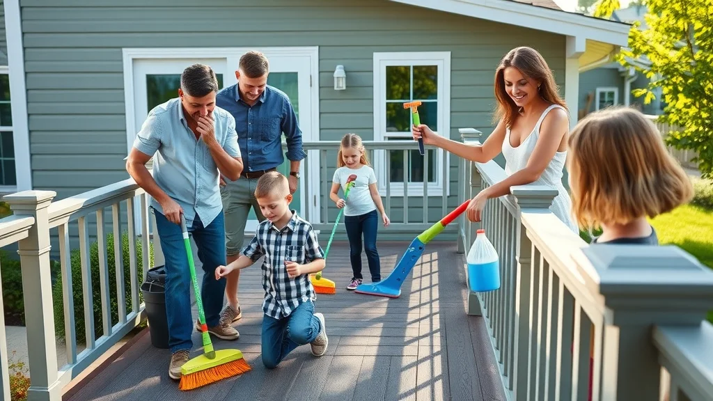 Family in Eustis maintaining composite smart deck, sweeping and cleaning, cheerful teamwork, safe child-friendly environment.