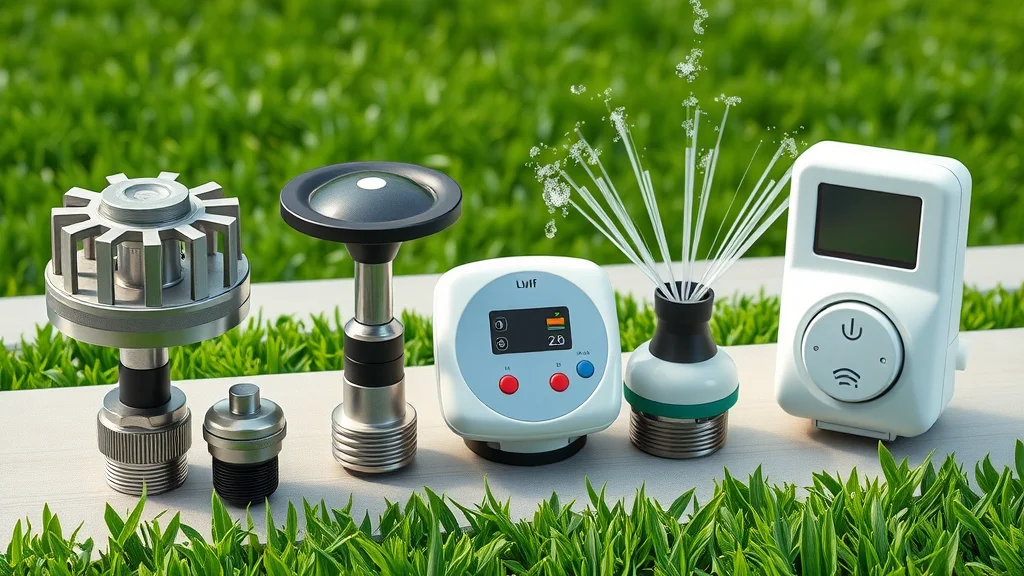 Showcase of modern sprinkler head technology, including rotary and spray heads, plus a smart Wi-Fi irrigation timer, best sprinkler installers Eustis equipment lineup