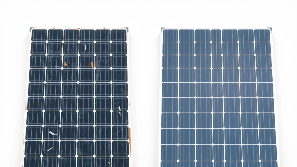 Side-by-side product photo: faded solar panel versus modern photovoltaic panel, highlighting durability and technology advances.