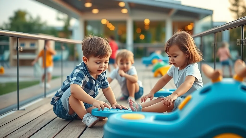 Modern smart deck in Eustis with child safety features, glass railings, slip-resistant surfaces, and play zones for children, photorealistic style.