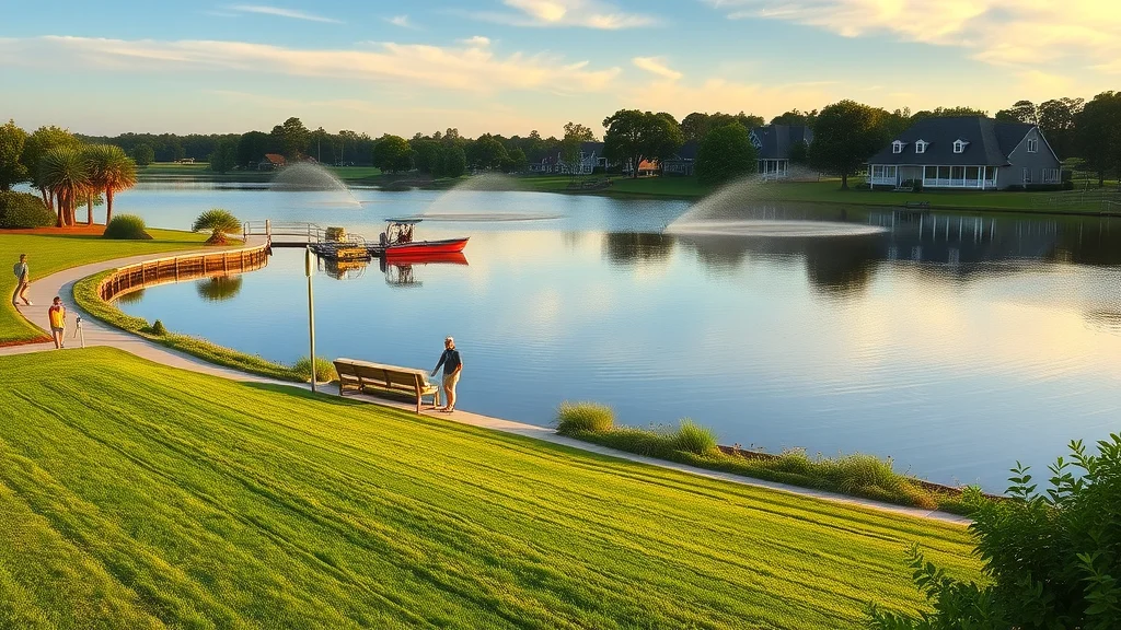 Eustis FL lakeside lawn with operational sprinkler system, vibrant landscaping, golden hour, photorealistic, no disfigured features