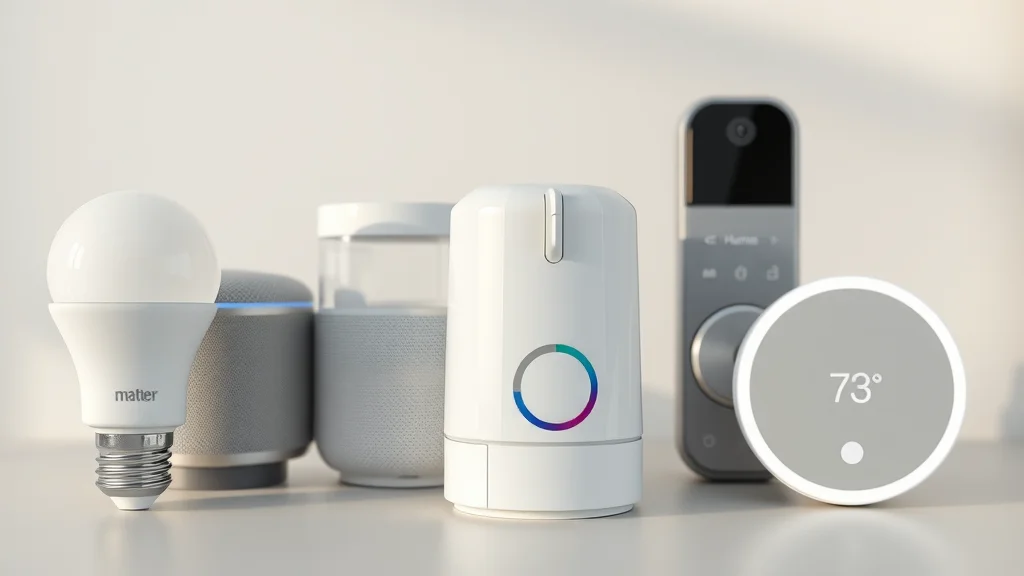 Matter-compatible devices—bulb, speaker, lock, thermostat displayed together for smart home compatibility