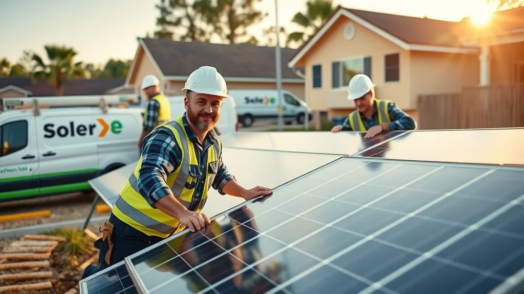 Professional solar installation team in Eustis with branded vans, installing panels with safety gear, animated teamwork, crisp definition, blue and green palette, golden hour lighting.
