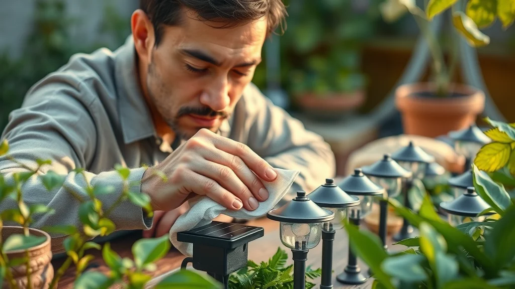 Cleaning solar garden lights Eustis, soft cloth wiping solar panel, surrounded by garden tools and plants.
